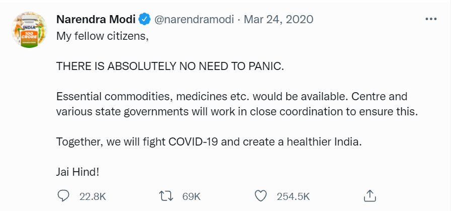 24March2020

He appeared at 8 PM and declared #CoronavirusLockdown from midnight - giving just 4 hours notice to 1.35 billion people

Even the Singapore PM gave 4 days notice to it's 50 lakh population

Modi then tweeted in all caps 'THERE IS ABSOLUTELY NO NEED TO PANIC'💀

2/10