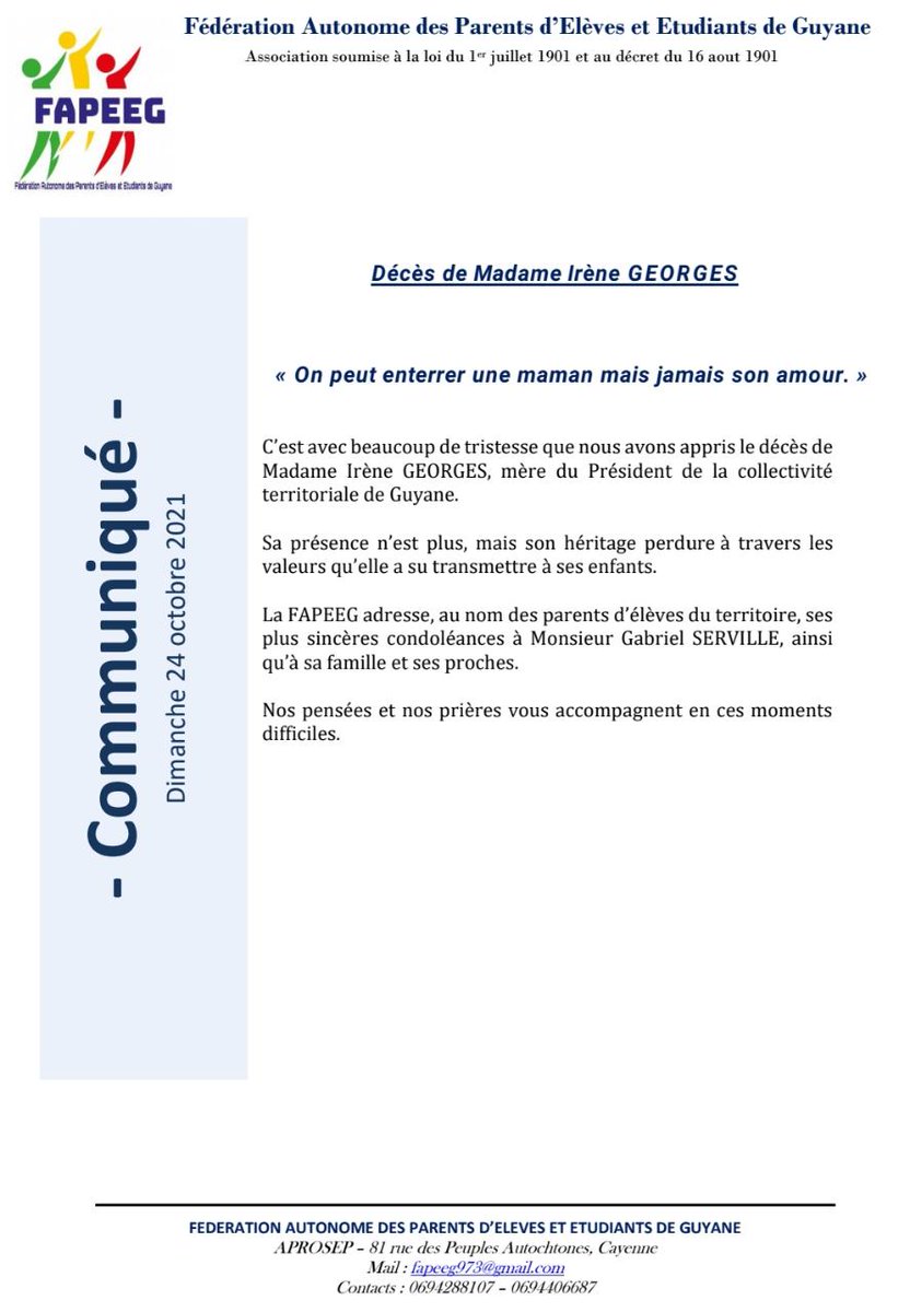 FAPEEGuyane's tweet photo. Décès de Madame Irène GEORGES @GabrielServille @CTdeGuyane @RadioPeyi @guyla1ere https://t.co/QXWxZYGXoN