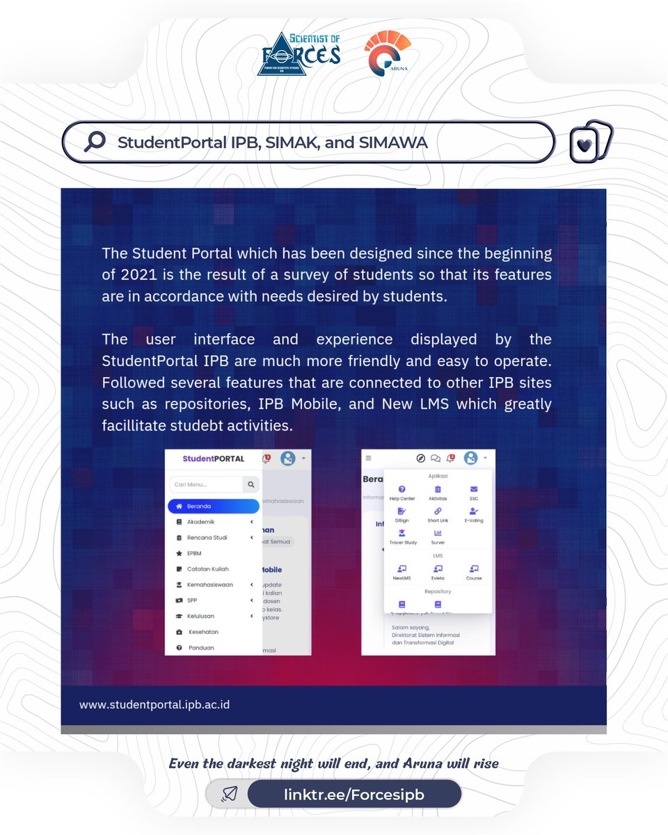 forces_ipb's tweet photo. [FUN FACT : 10]

New Super Apps : 
What is different between StudentPortal IPB, SIMAK, and SIMAWA ?

Hi, IPB-nesian! 
Were you still confused about the different of those sites?

Well, check this post for knowing the information further 🚀

#ForcesIPB #Forces2021 #KabinetAruna https://t.co/PVnHWgYpcI
