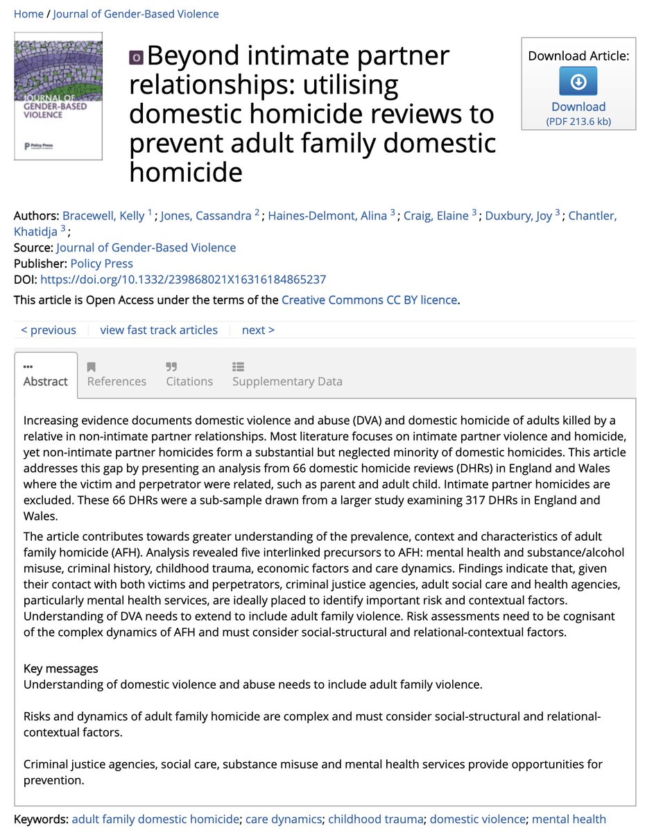 Laneycraig's tweet photo. Out now "Beyond intimate partner relationships: utilising Domestic Homicide Reviews to prevent adult family domestic homicide" in @JGBVjournal. Our article gives a greater understanding of the prevalence, context & characteristics of adult family homicide๐https://t.co/mMNzlTFLd4 https://t.co/y6XiPGeMgQ
