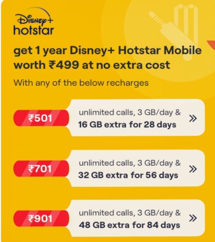 Abhishe22386903's tweet photo. @harshitbhatia81 @ViCustomerCare @naman_nan Check out 1 Year Free Disney+Hotstar Mobile Subscription with #ViHeroUnlimitedPlans
Rs 501, Rs 701, Rs 901 with #Bingenight #WeekendDataRollover 100 SMS/Day. https://t.co/J1vUH6nHGs