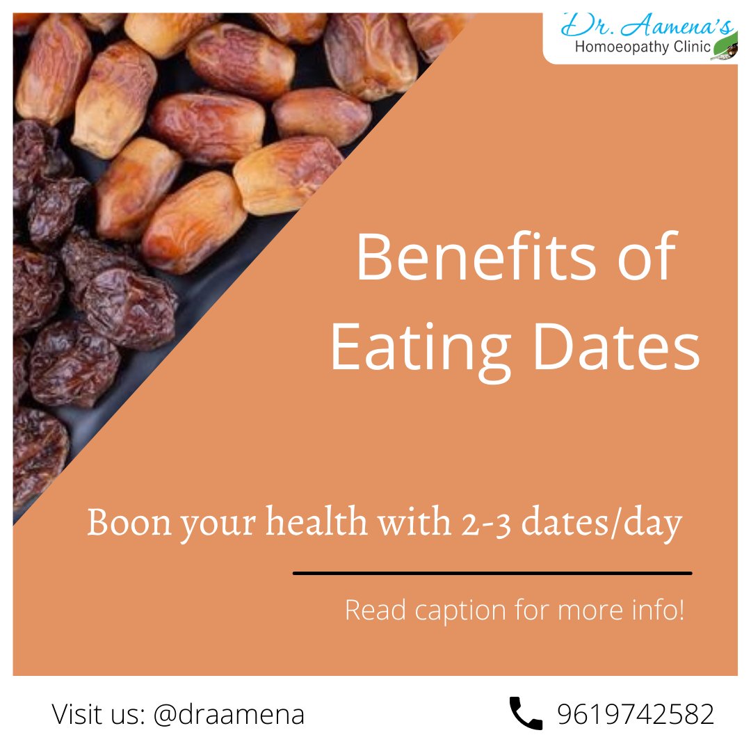 draamena's tweet photo. Benefits of Dates 👉

✅Rich source of protein, calcium and many other vitamins! 
✅Regulates bowel moments and also helps in improving constipation
✅Strengthen Healthy bones
✅Helps to manage Hairloss #treatment #homeopathichealth https://t.co/v4aPbif9hw