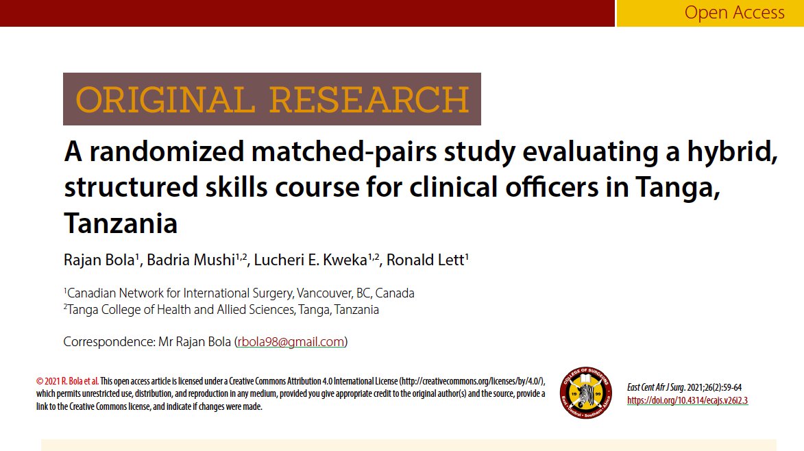 '#COVID19 has prompted adaptation on all levels of clinical training and education' journal.cosecsa.org/index.php/ECAJ… In #Tanzania, @r_bola et al. demonstrate 'a feasible and effective strategy to provide future clinicians with the skills needed for patient-centered care' #GlobalSurgery