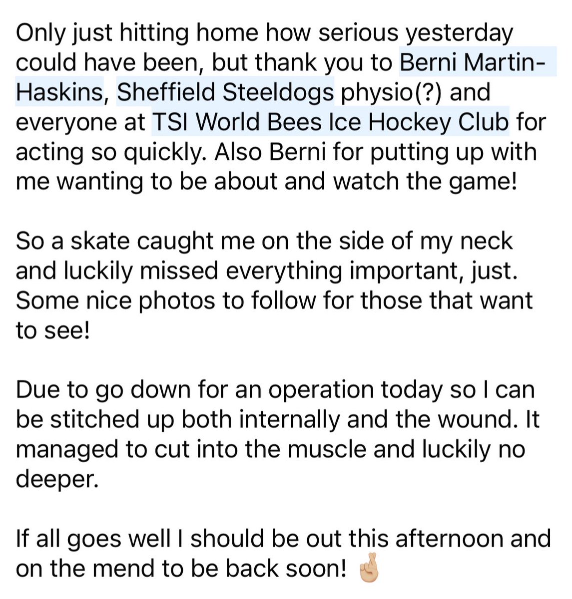 H_Stead17's tweet photo. @BeesIceHockey @SteeldogsIHC Thank you to both medical teams for running to my aid! Thankful it wasn’t worse 🙏🏼🙏🏼 https://t.co/Pfrs7ySkcB