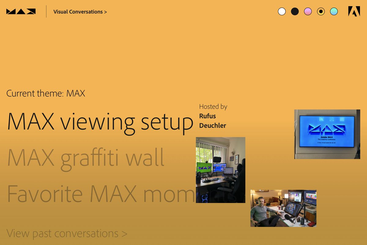 rufusd's tweet photo. Join this week's #AdobeMAX #visualconversations. We've set up a place for you to share your viewing setup, a graffiti wall for you to leave your mark, and a place to post your favourite moments. Let's get this conversation going! https://t.co/cmnovQJ6d2 https://t.co/ADsFOIl6X2