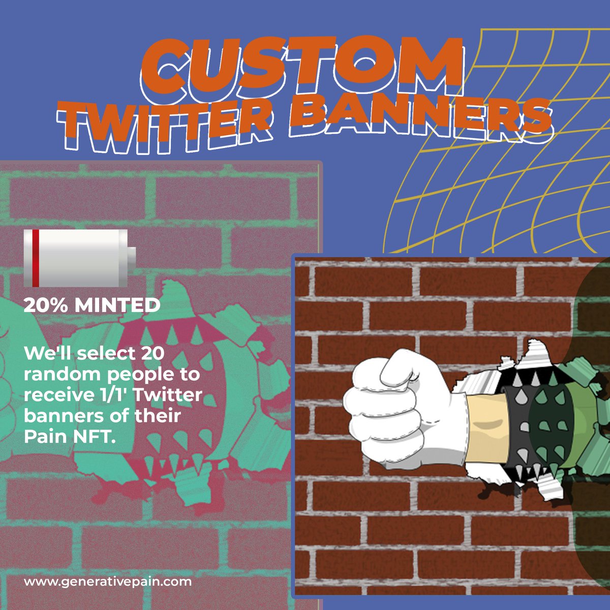 generativepain's tweet photo. Custom Twitter Banners. We'll select 20 random people to receive 1/1 Twitter banners of their Pain NFT.
.
Comment below if you have any questions!
For more click here: https://t.co/41ihm48t0i
.
.
#trading #crypto #twitterbanners #handdrawn #pain #generativepain #nft #pain https://t.co/4WWYzAlycZ