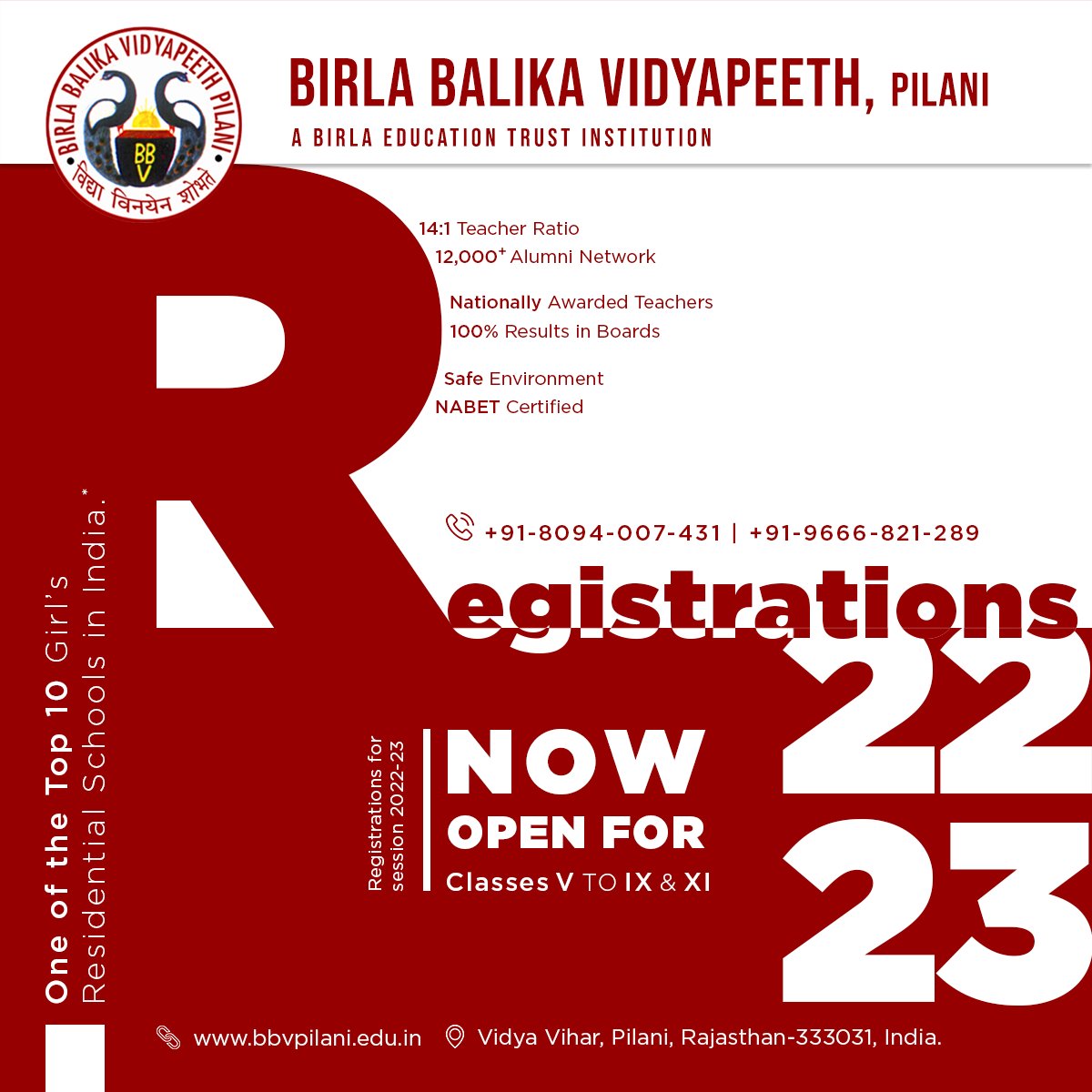bbvpilani's tweet photo. Registration open for 2022-2023 academic session V to IX and XI.
Fill up the registration form on https://t.co/SqFXgiBmAv or call us on 8094-007-431 / 9666-821-289 to know more.
#BetPilani #BBVPilani #AdmissionOpen #AdmissionAlert #CBSE #SchoolAdmission #Education #LifeAtBBVP https://t.co/emSxpr6bAR