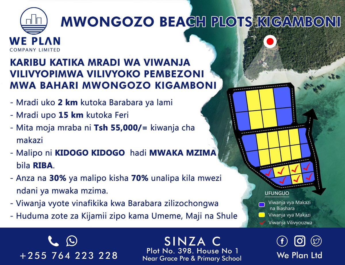 WeplanLtd's tweet photo. MWONGOZO BEACH PLOTS - KIGAMBONI.

Mradi uko 2km kutoka barabara ya lami, Mradi uko 15km kutoka Feri. Mradi unapakana na Ras Bamba na Ras Dege.

Viwanja vyote vinafikika kwa barabara zilizochongwa, huduma zote za Kijamii zipo ie umeme, maji, hospital, shule, kituo cha Polisi n.k https://t.co/T1fLFSLmTa