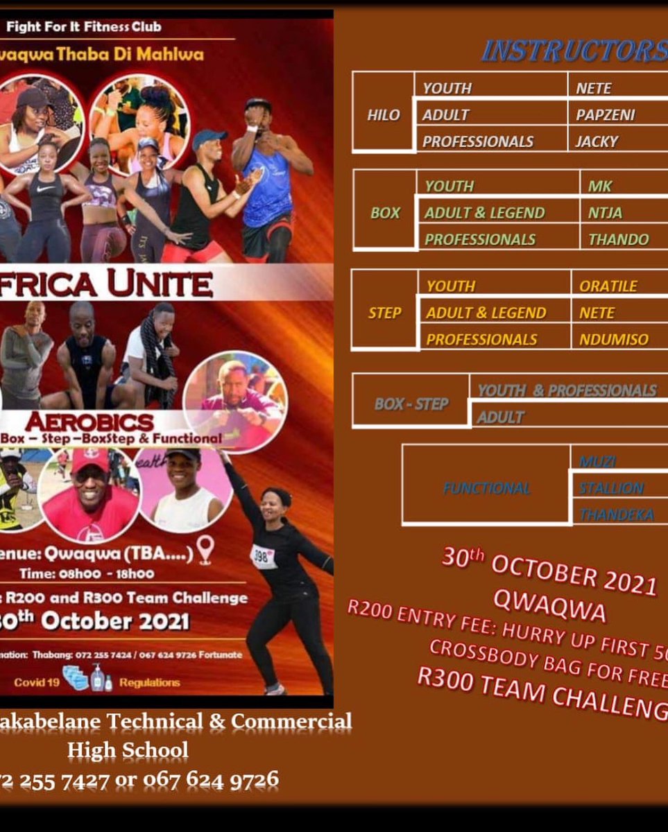 SAL_Aerobics's tweet photo. Qwaqwa free state presents Africa unite aerobics marathon on Saturday the 30th of October 2021.
#Thebigone #02April2022 #Nthotsemonate https://t.co/yar7YvJUjg