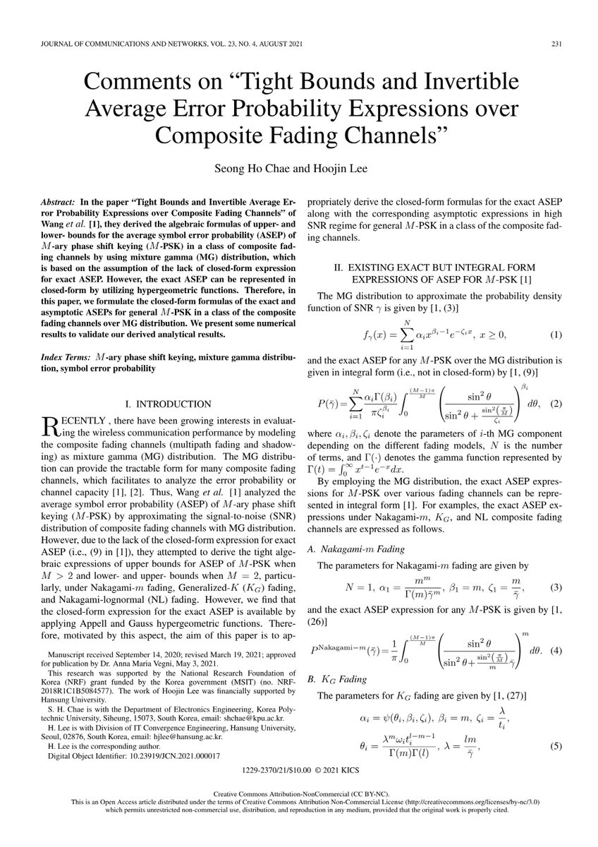 ScienceJOpen's tweet photo. we formulate the closed-form formulas of the exact and asymptotic ASEPs for general M -PSK in a class of the composite fading channels over MG distribution. We present some numerical results to validate our derived analytical results.
free pdf🔖https://t.co/hWKDFS5OqR https://t.co/z986ocaQ8d
