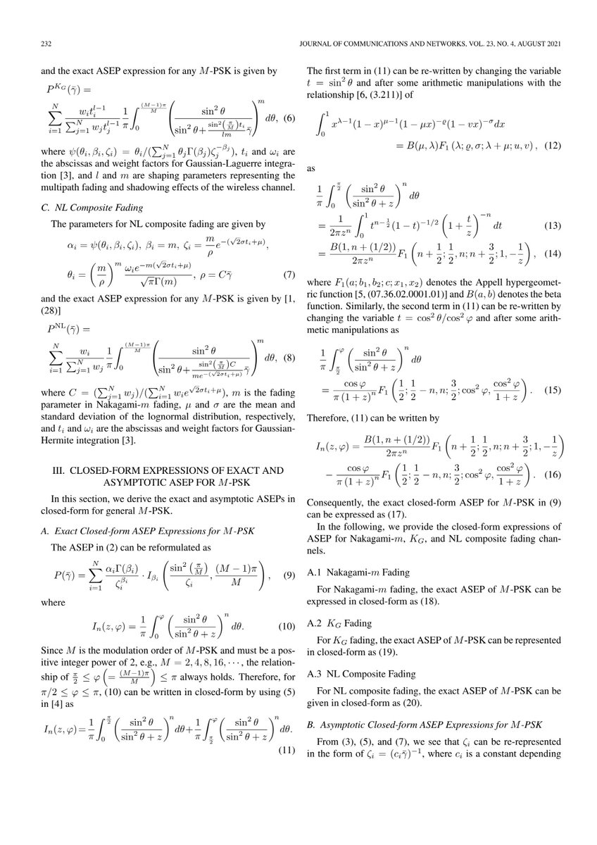 ScienceJOpen's tweet photo. we formulate the closed-form formulas of the exact and asymptotic ASEPs for general M -PSK in a class of the composite fading channels over MG distribution. We present some numerical results to validate our derived analytical results.
free pdf🔖https://t.co/hWKDFS5OqR https://t.co/z986ocaQ8d