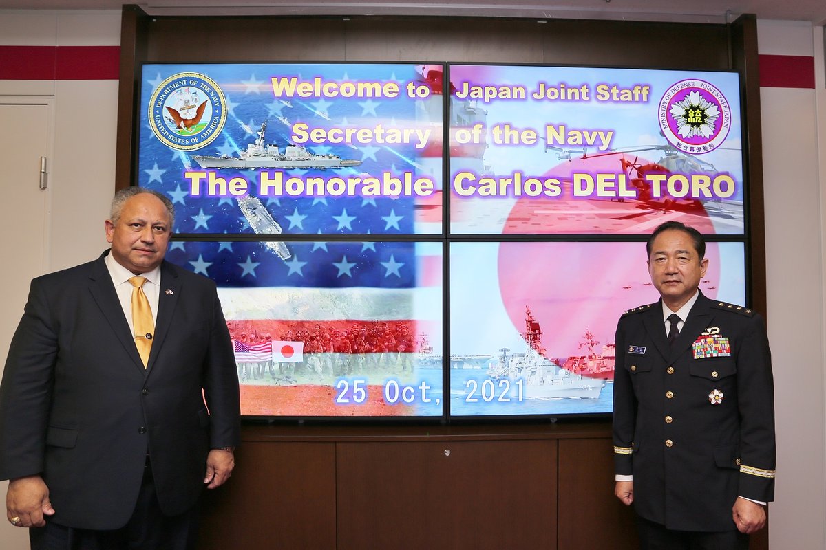 JapanJointStaff's tweet photo. On Oct 25, CJJS GEN Yamazaki congratulated SECNAV Hon. Del Toro on his appointment. They agreed to strengthen deterrence and response capability of #JapanUSAlliance by bilat exercise and interoperability by #F35B cross deck and multilat cooperation for #FOIP by #LSGE and #MALABAR https://t.co/tW9qIDyqoW