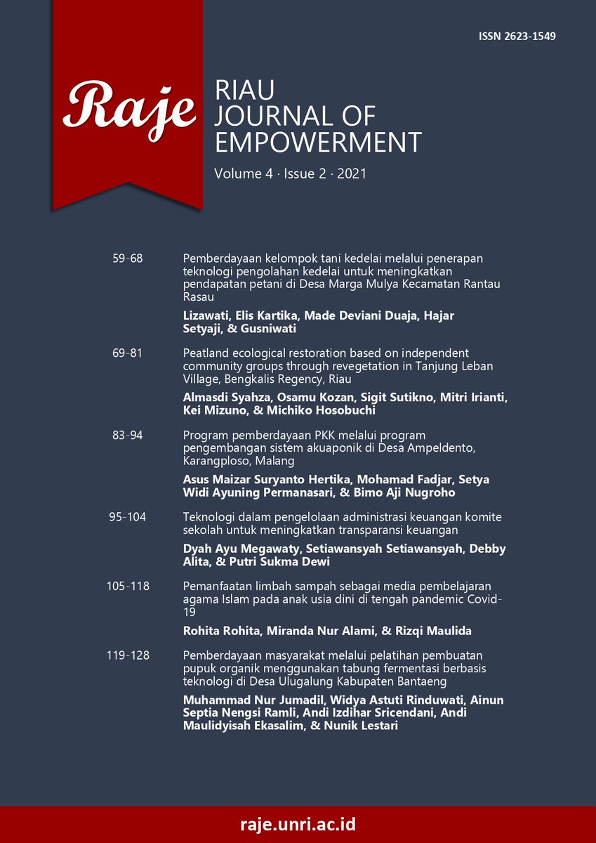 RajeJournal's tweet photo. Riau Journal of Empowerment menerbitkan edisi Agustus 2021, Volume 4, Nomor 2. Edisi ini memuat artikel-artikel pemberdayaan masyarakat #Indonesia dari Sumatera, Jawa, dan Sulawesi.
Baca artikel #OpenAccess-nya pada website jurnal
https://t.co/2tJ7zIGKux https://t.co/BsQi78kycu