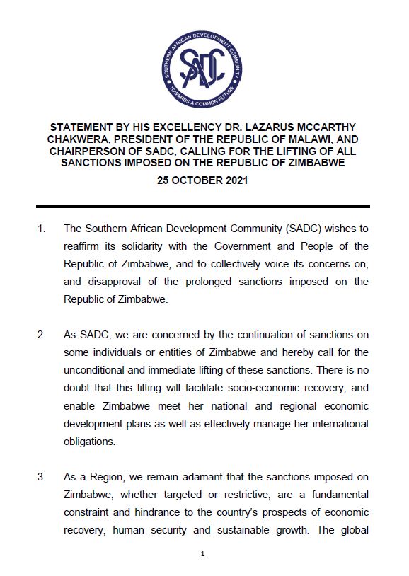 SADC_News's tweet photo. Statement by #SADC Chairperson, H.E.Dr @LAZARUSCHAKWERA, President of the Republic of Malawi, calling for the lifting of all sanctions imposed on #Zimbabwe. https://t.co/E2kOLRgDYG @edmnangagwa @NamPresidency @DIRCO_ZA @BWGovernment  @HeraldZimbabwe @sardcnet #zimsanctionsmustgo https://t.co/BLdCo6NbAG