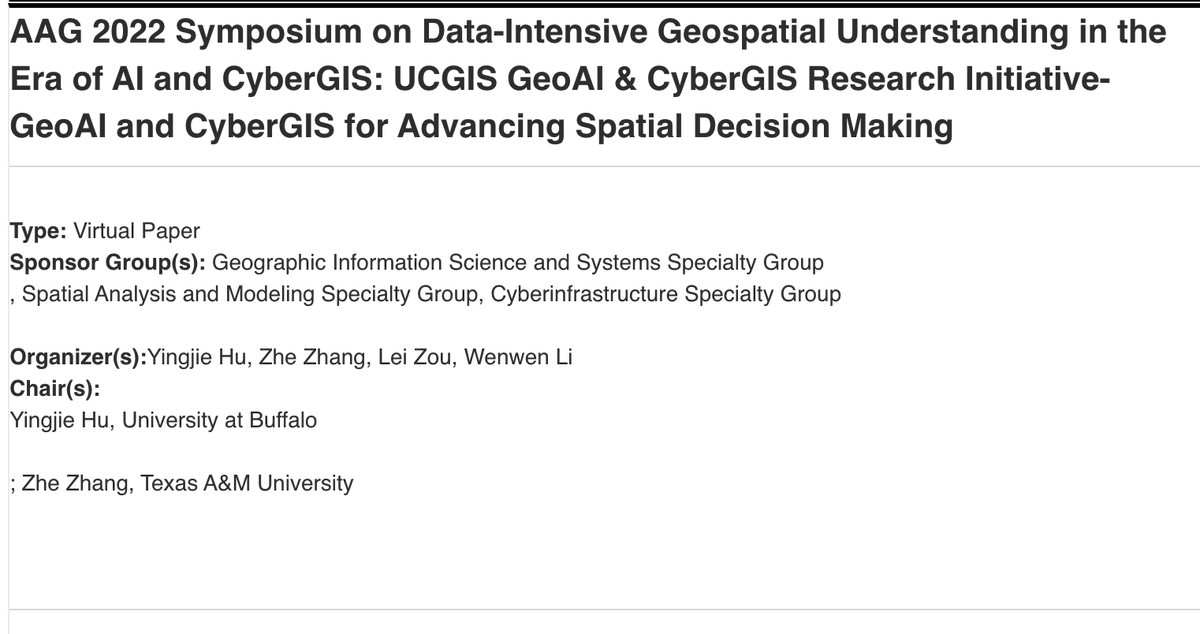 Zhe_GIS's tweet photo. Welcome to our session- AAG 2022 Symposium on Data-Intensive Geospatial Understanding in the Era of AI and CyberGIS: UCGIS GeoAI &amp; CyberGIS Research Initiative- GeoAI and CyberGIS for Advancing Spatial Decision Making! https://t.co/4ea7r8JH1g
