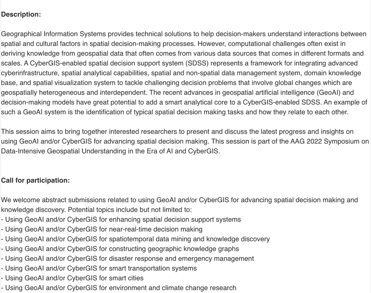 Zhe_GIS's tweet photo. Welcome to our session- AAG 2022 Symposium on Data-Intensive Geospatial Understanding in the Era of AI and CyberGIS: UCGIS GeoAI &amp; CyberGIS Research Initiative- GeoAI and CyberGIS for Advancing Spatial Decision Making! https://t.co/4ea7r8JH1g