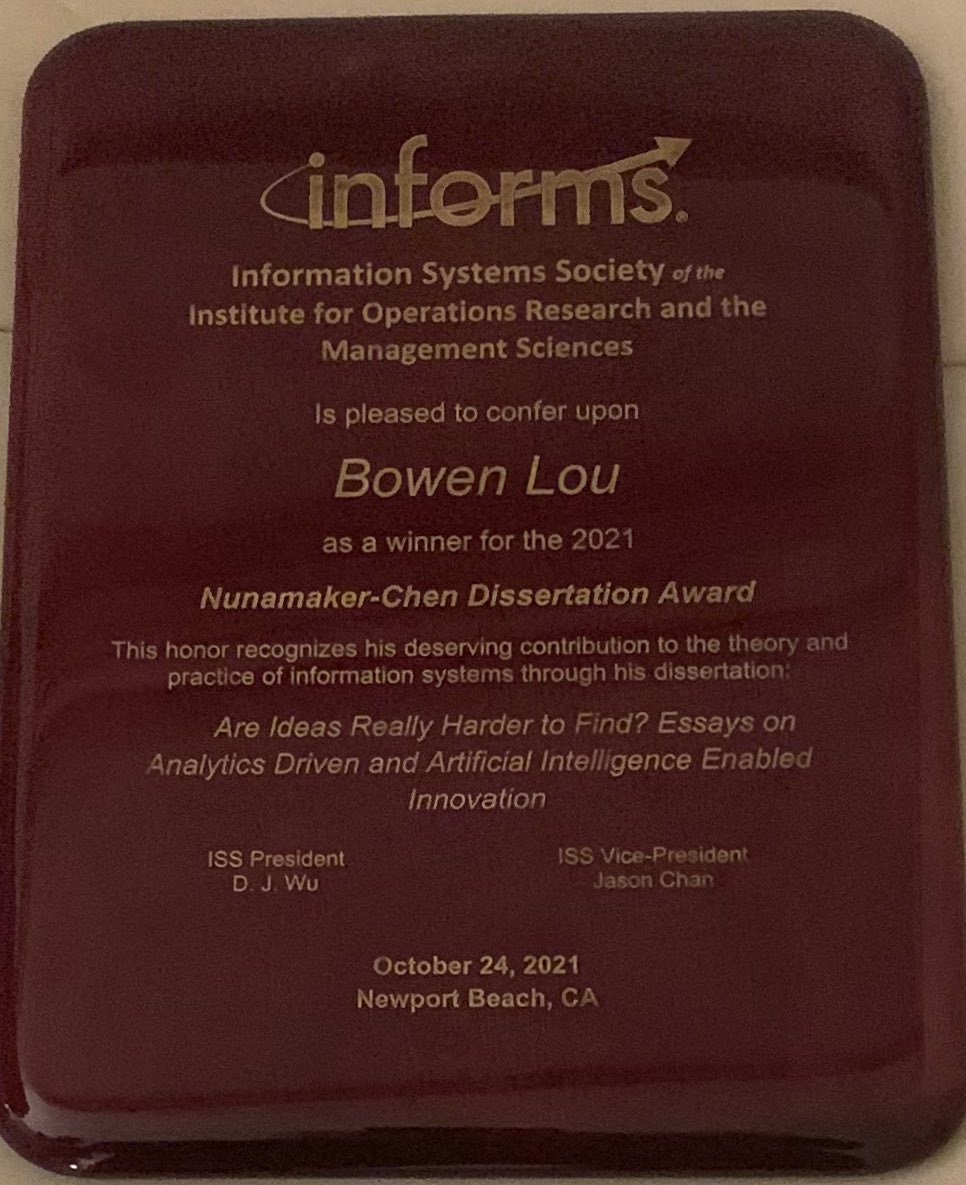 bowenlou's tweet photo. Honored to receive @INFORMS ISS dissertation award. I’m genuinely grateful to have @lynnwu02 as my advisor, Lorin and Rahul in my committee, and amazing PhD experience at @Wharton. Also deeply indebted to my friends and family members who offered great support throughout my PhD. https://t.co/aoRSdclSWV
