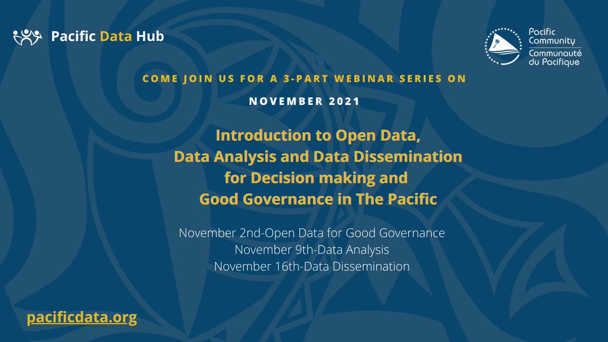 pacificdatahub's tweet image. 📢 Join us for a 3-part Open Data, Data Analysis and Dissemination for Good Governance webinar series.
 
🗓️
2 Nov  - Open Data for Good Governance.
9 Nov -Data Analysis.
16 Nov - Data Dissemination.

⏰ 9AM - 12PM New Caledonia time
 
Register here.
forms.office.com/r/bqnf7g4NGu