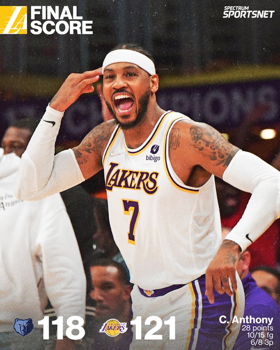SpectrumSN's tweet photo. Carmelo Anthony steals the show in the first of many #LakeShow wins! 👌 https://t.co/OrfVLmTsYS