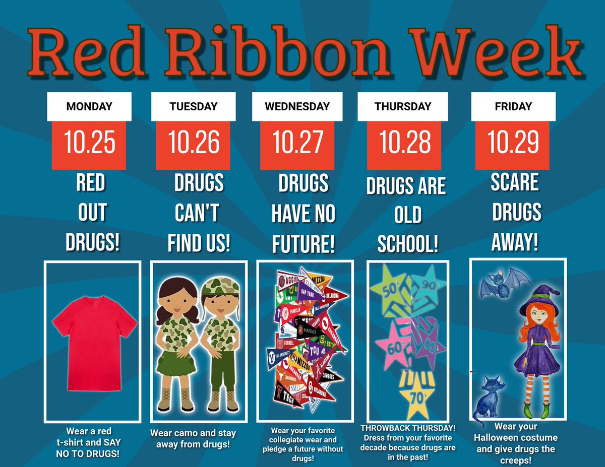 EPHStuCo's tweet photo. EPISD &amp;  EPHS CELEBRATES Red Ribbon Week this week, October 25 to 29, 2021 . Please help us promote the anti-drug campaign by sharing and participating in the dress up days. #redribbonweek #redribbonweek2021 #RedRibbonWeek2021 https://t.co/uocm4e95gh