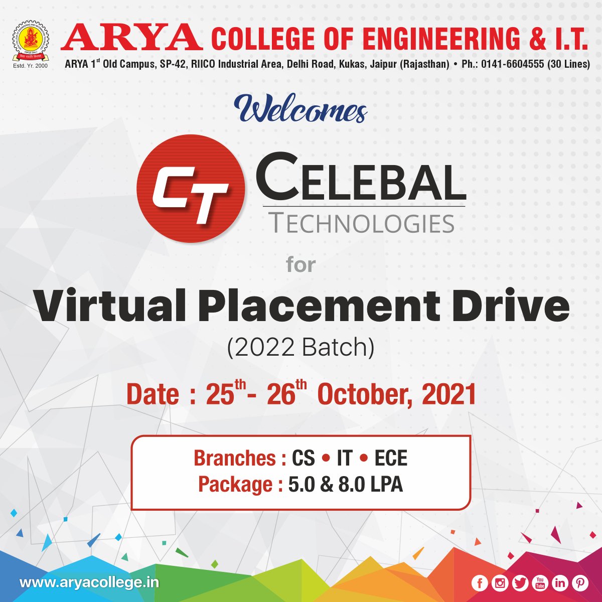 aryacolleges's tweet photo. #AryaCollege of Engineering and IT welcomes Celebal Technologies for #VirtualPlacementDrive 2022 Batch on 25th - 26th Oct 2021 at #Arya1stOldCampus.
#Aceit wishes all the very best to the students appearing in the #PlacementDrive2021.
#placement #placementdrive #placements2021 https://t.co/NxDSfc5NZa