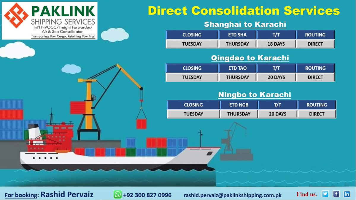 PaklinkShippin's tweet photo. We have weekly sailings from China to Pakistan for our consoles.
•Shanghai to Karachi
•Ningbo to Karachi
•Qingdao to Karachi
We offer fastest transit time and most competitive rates. Book your freight now
#shipping #logistics #airfreight #seafreight #consolidation #transport https://t.co/9xpUODGH3S