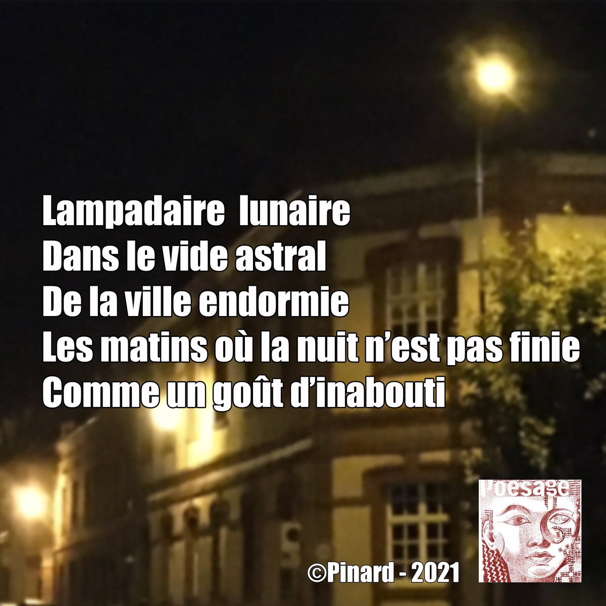poesage_27's tweet photo. Lampadaire lunaire
Dans le vide astral
De la ville endormie
Les matins où la nuit n’est pas finie
Comme un goût d’inabouti

©Pinard - 2021

#lune #ville #endormie #lundi #inachever https://t.co/a4tRbpvQFs
