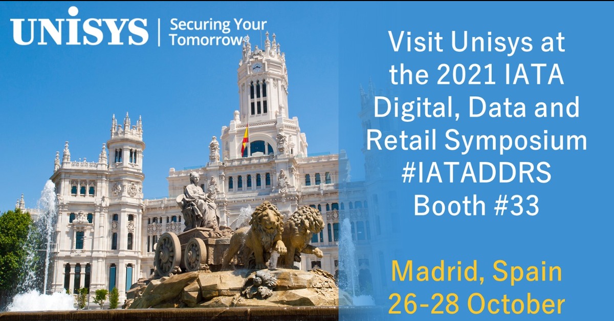 Unisys_Travel's tweet photo. Unisys is proud to be a gold sponsor of the 2021 @IATA Digital, Data and Retailing Symposium in Madrid, Spain, starting on the 26th of October! 
Connect with an expert at the conference: https://t.co/MzoSpWsljp

#IATADDRS https://t.co/8RMXdikfAQ