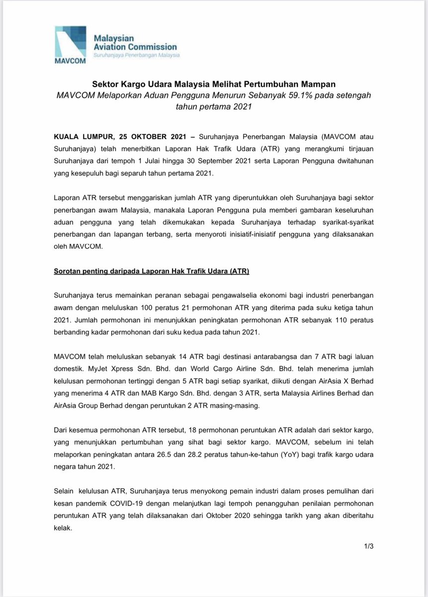M O T Malaysia On Twitter Siaran Akhbar Mavcom Mengenai Laporan Hak Trafik Udara Atr Yang Merangkumi Tinjauan Suruhanjaya Dari Tempoh 1 Julai Hingga 30 September 2021 Serta Laporan Pengguna Dwitahunan Yang Kesepuluh Bagi