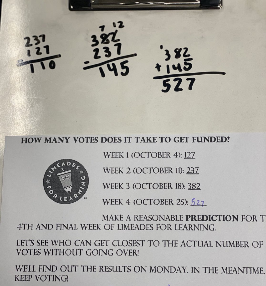 lori_huntsman's tweet photo. According to one of my studentβs calculations, the number of votes needed this week is 527 votes. We shall soon see! Thank you @sonicdrivein @DonorsChoose for four fun-filled weeks of voting for projects and making our votes count! #LimeadesForLearning https://t.co/QEQEeEukgJ