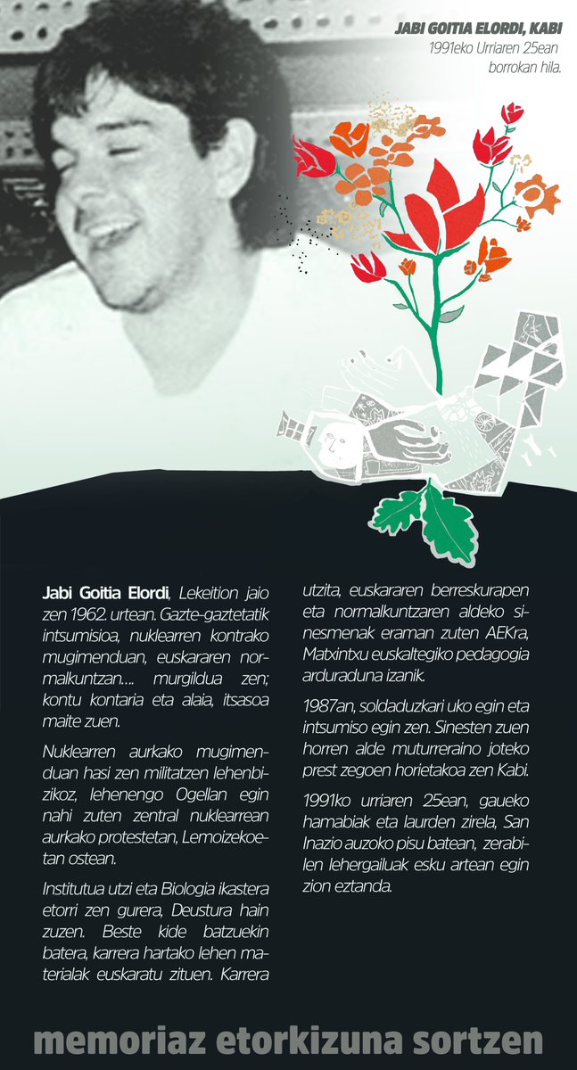 SortuBilbo's tweet photo. 🌹🌹Gaur bezalako egun batean Deustuko auzokidea genuen Jabi Goitia, KABI, borroka istripuz hil zen. Bere borrokak eta ametsek gure artean irauten dute.
IZAN ZIRELAKO GARA!✊🏾
#izanzirelakogara
#oroimenagara https://t.co/f6dx7kvfMy