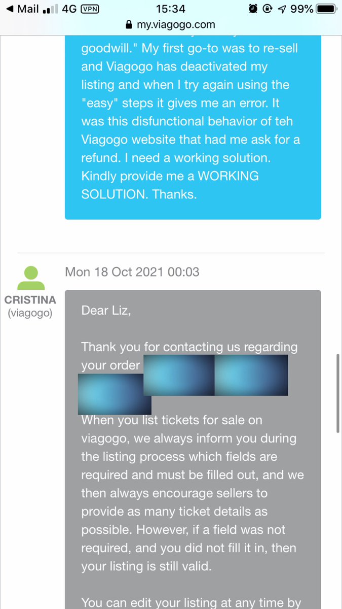 gfgbeauty's tweet photo. Twitter folks 2/2 of my communications with @viagogo support for the issues I’ve had. I need advice on what I can do to not lose my money. Any1 had similar experiences, please do share if anything that can help! #viagogo #customersupport https://t.co/wKpmPLGmIC
