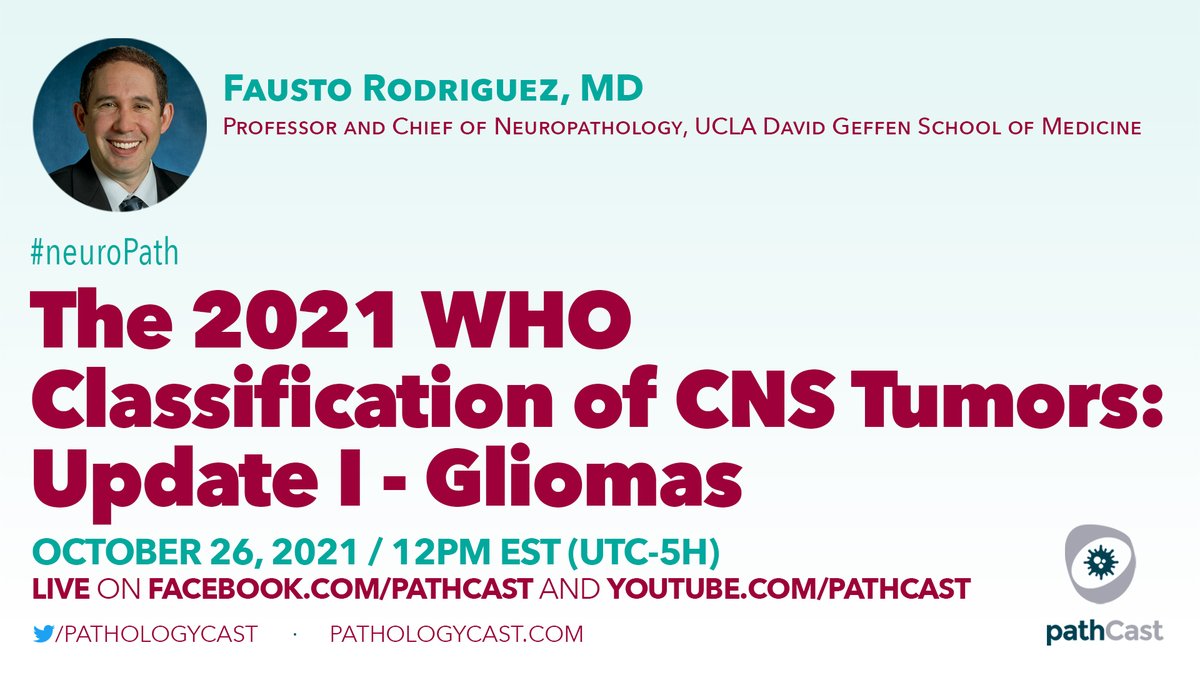 pathologyCast's tweet image. #NEUROPATH The 2021 WHO Classification of CNS Tumors: Update I - Gliomas
(Dr. @FRodriguezNP, Professor, UCLA David Geffen School of Medicine @UCLAHealth) 
🗓 October 26, 2021 - 12:00 PM (ET, NYC)