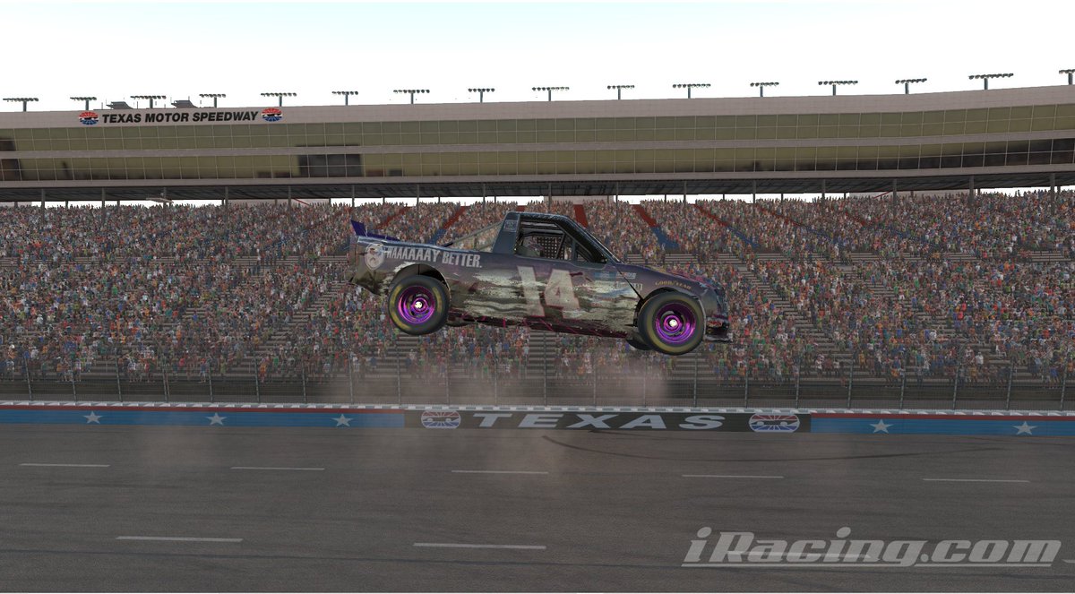 Up (literally) and down day for our #14 truck in the <a href="/TTdfwr/">Turn Down For What Iracing Series (TDFW)</a> race at Texas. Missed all but one accident, and went XGames big air at the end! Had good top 5 speed, just have to finish these off. Congrats to @Hunter_544 on picking up his first win!

Q: P8
F: P13
Point Standings: P6