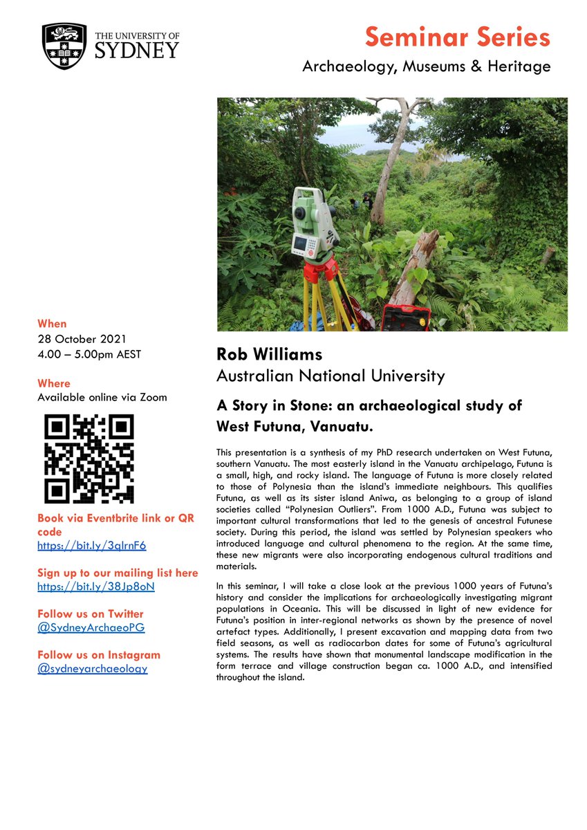 SydneyArchaeoPG's tweet photo. This week's #Archaeology, #Museums and #Heritage seminar will be hosted by Rob Williams @LimestoneBlak, Australian National University, 'A Story in Stone: an archaeological study of West Futuna, Vanuatu' this Thursday at 4pm AEST.
Register here: https://t.co/99NBUX0NnE https://t.co/1fnHvyN6ti