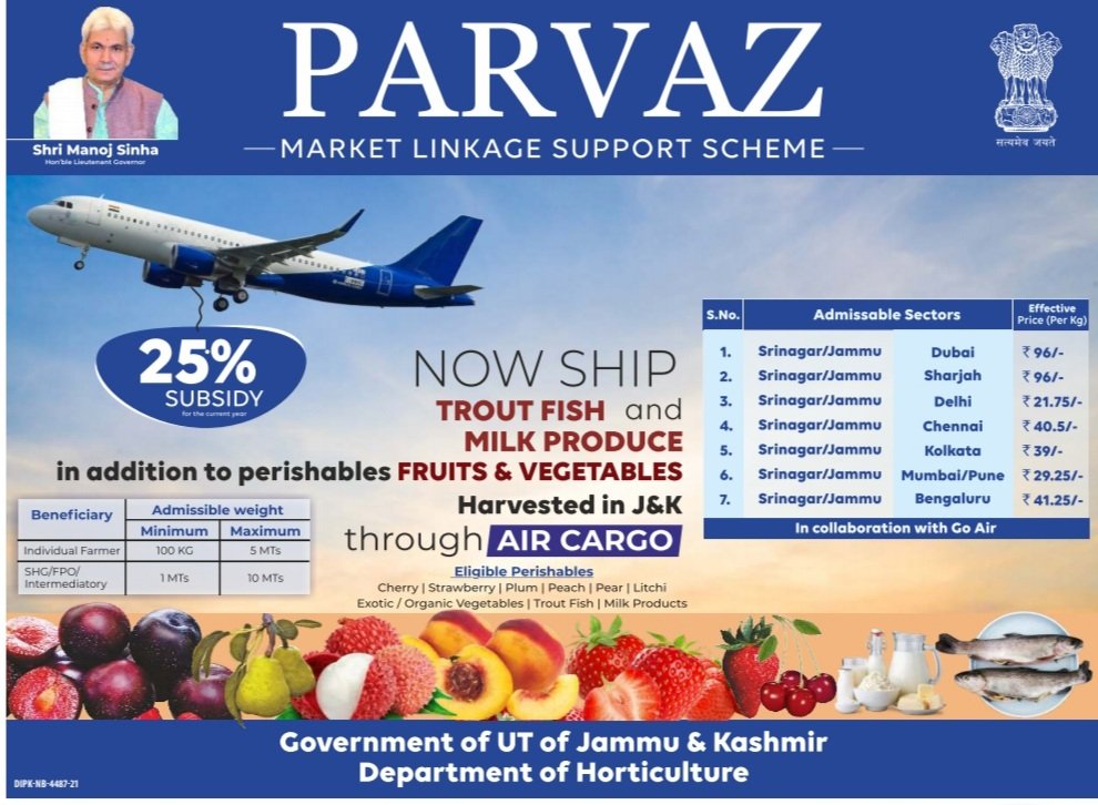 dicbudgam's tweet photo. Now ship Trout fish and milk produce in addition to perishables fruits and vegetables harvested in J&amp;K through air cargo under PARVAZ scheme at subsidized rates !!
@diprjk
@shahbazmirza9
@ddnewsSrinagar
#ShiningJK 
#goodgovernance https://t.co/LArNqDVFKg