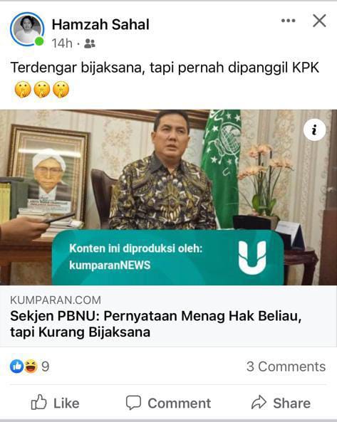 Pernyataan Gusmen tentang Kementrian agama sebagai hadiah bagi NU secara khusus merupakan pernyataan yg bersifat intern di kalangan Nahdiyin.

Sepatutnya tdk perlu di politisir, apalagi oleh orang NU sendiri.
Baiknya ngaca dl sblm memberi pernyataan.
