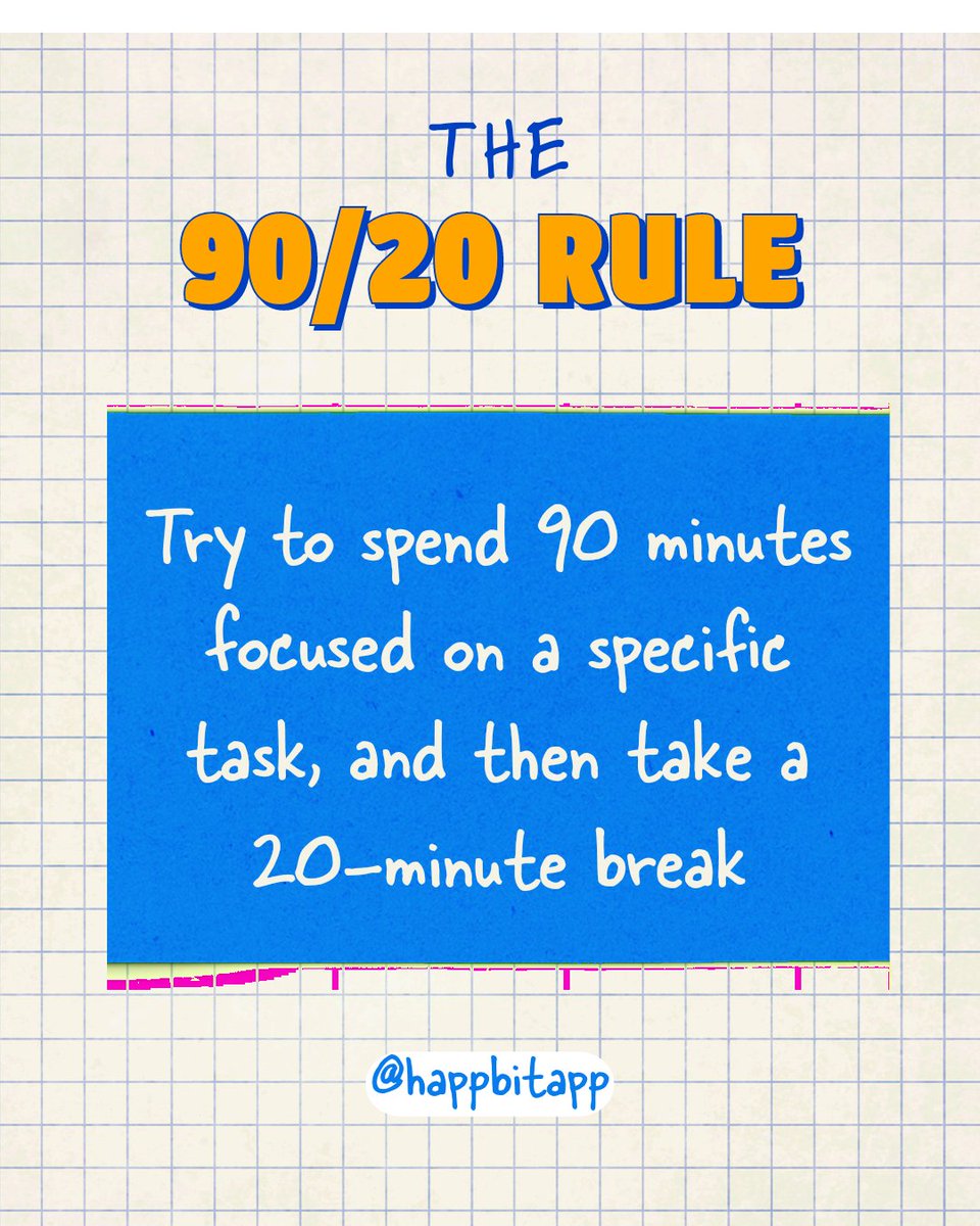 HappbitApp's tweet photo. The 90/20 rule will create a Flow state, resting your brain just enough so it's fresh for the next 90 minutes!

Tackling an unpleasant task becomes much easier when you know you’ll take a break and do something more enjoyable soon! #smartwork

Download our @happbitapp NOW! https://t.co/esIsLIh4KS
