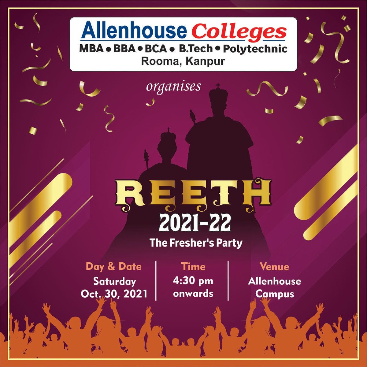 allen_college's tweet photo. So.... here we are presenting the most awaited event of the year!

Allenhouse Colleges organises REETH 2021-22, The Fresher's Party, for its MBA, BBA, BCA, https://t.co/AMHHrJAra3 &amp; Polytechnic Students on Saturday, October 30, 2021. 

Unleashing the excitement gradually! https://t.co/dPqZoXFmAV
