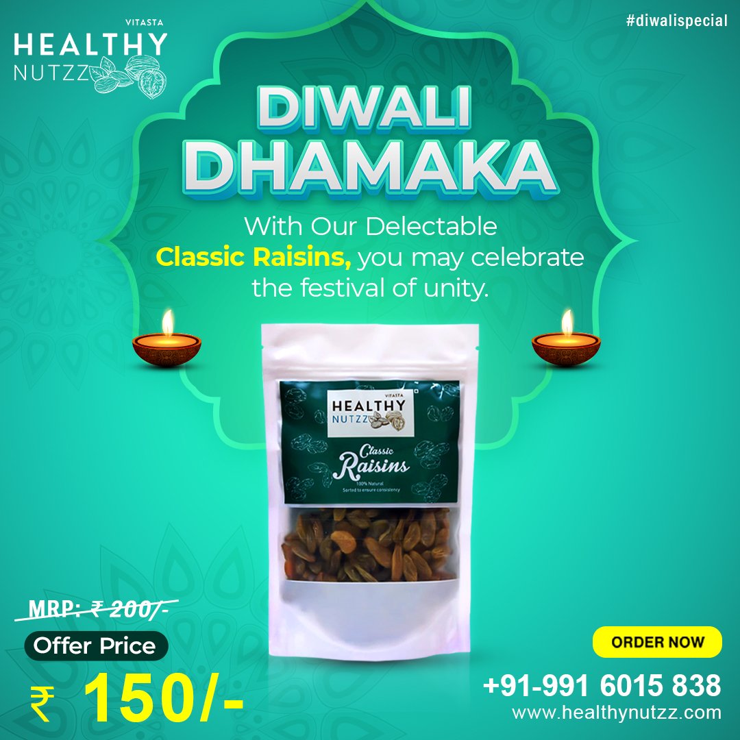 NutzzHealthy's tweet photo. DIWALI DHAMAKA with our delectable classic raisins, you may celebrate the festival of unity.
Order now : +91-991 6015 838
Visit our website: https://t.co/c2FzNRCIcR

#healthynutzz #nutshot #HealthyFood #healthysnack #healthcare #almonds #Diwali2021 #DiwaliGift #nutzz https://t.co/CaPfs2sWCN