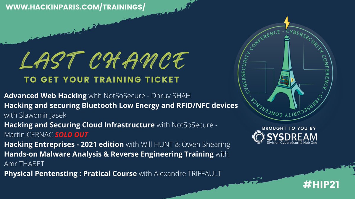 hackinparis's tweet photo. [Trainings] Here's the confirmed list of trainings that will be given at #HIP21. Last chance to get your ticket before we close officially the store on November 4th. 
https://t.co/v6euePJaAF
@notsosecure @slawekja @Stealthsploit @rebootuser @Amr_Thabet @FrenchKey_fr https://t.co/iYKcYJuymQ