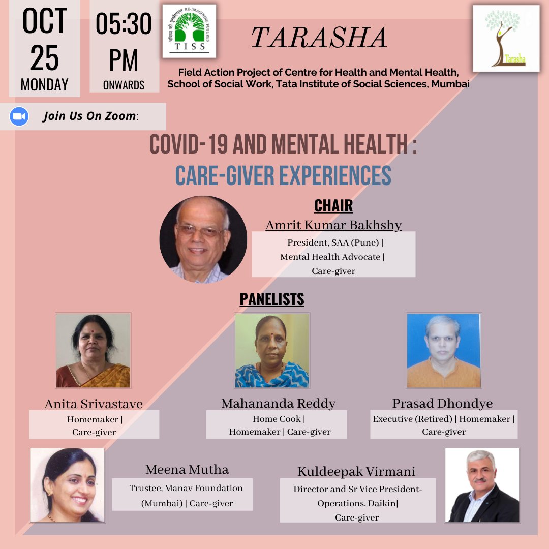 As part of celebrating #WorldMentalHealthDay  through October Tarasha invites you join webinar 'COVID-19 and Mental Health: Care-giver Experiences', held tomorrow, October 25, from 0530 PM onwards.  #Mentalhealth 
Register in advance for this meeting:zoom.us/.../tJ0pceuorj…