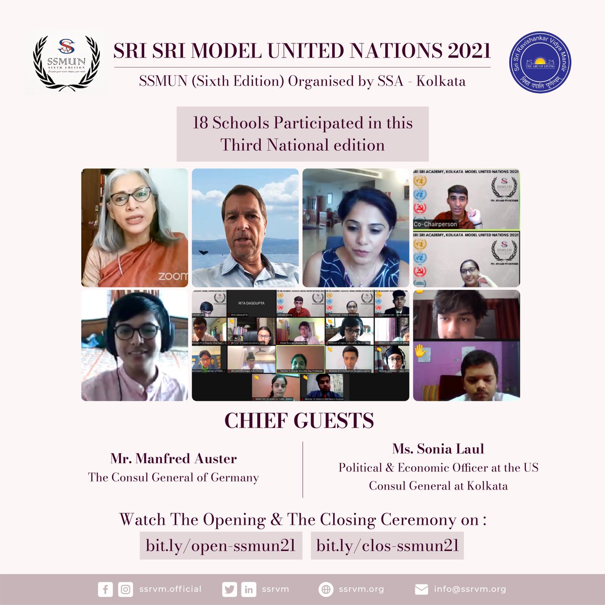 ssrvm's tweet photo. The sixth edition of Sri Sri Model United Nations, 2021 (Third National Edition with over 18 schools participating countrywide) was organized by Sri Sri Academy, Kolkata this October & was a big success. (1/2)
#EducationMatters #MUN #SSMUN https://t.co/lB42Eh8rUG