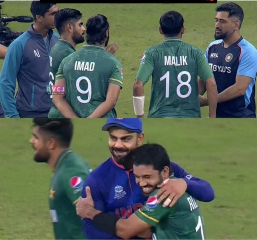 AbdullahRind990's tweet photo. This picture tells the story how humble we are. We play game in the ground and elsewhere we are very humble. The positive attitude of Babar Azam tells the story. 
 #RohithSharma #Pak_vs_India #Pakistan #BabarRizwan #Pakistan_Ek_Eshq_Ek_Junoon #PakistanZindabad #Mauka_Mauka 🇵🇰💚💕 https://t.co/vSQn5gVPzD
