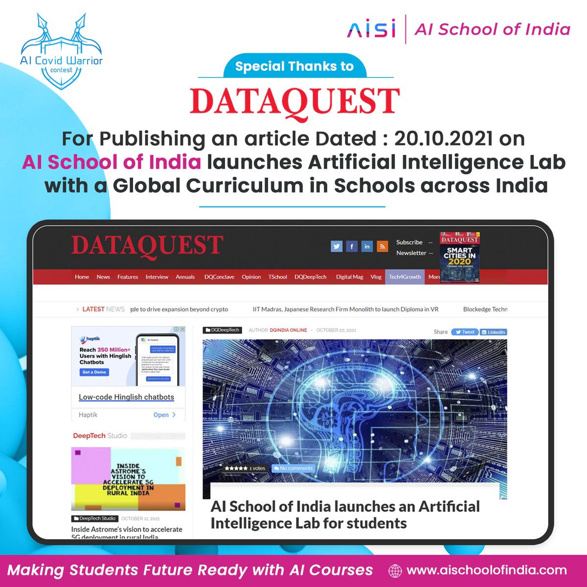 AIschoolofIndia's tweet photo. AI School of India launches Artificial Intelligence Lab with a Global Curriculum in Schools across India.
Article Link: https://t.co/SMze0T1sA1
#awards #AWARDS2021 #awardceremony #AIonlinecourse #pythonforai #learning #onlinecourse #codingforbeginners #codingclasses https://t.co/zxx9GNQMMo