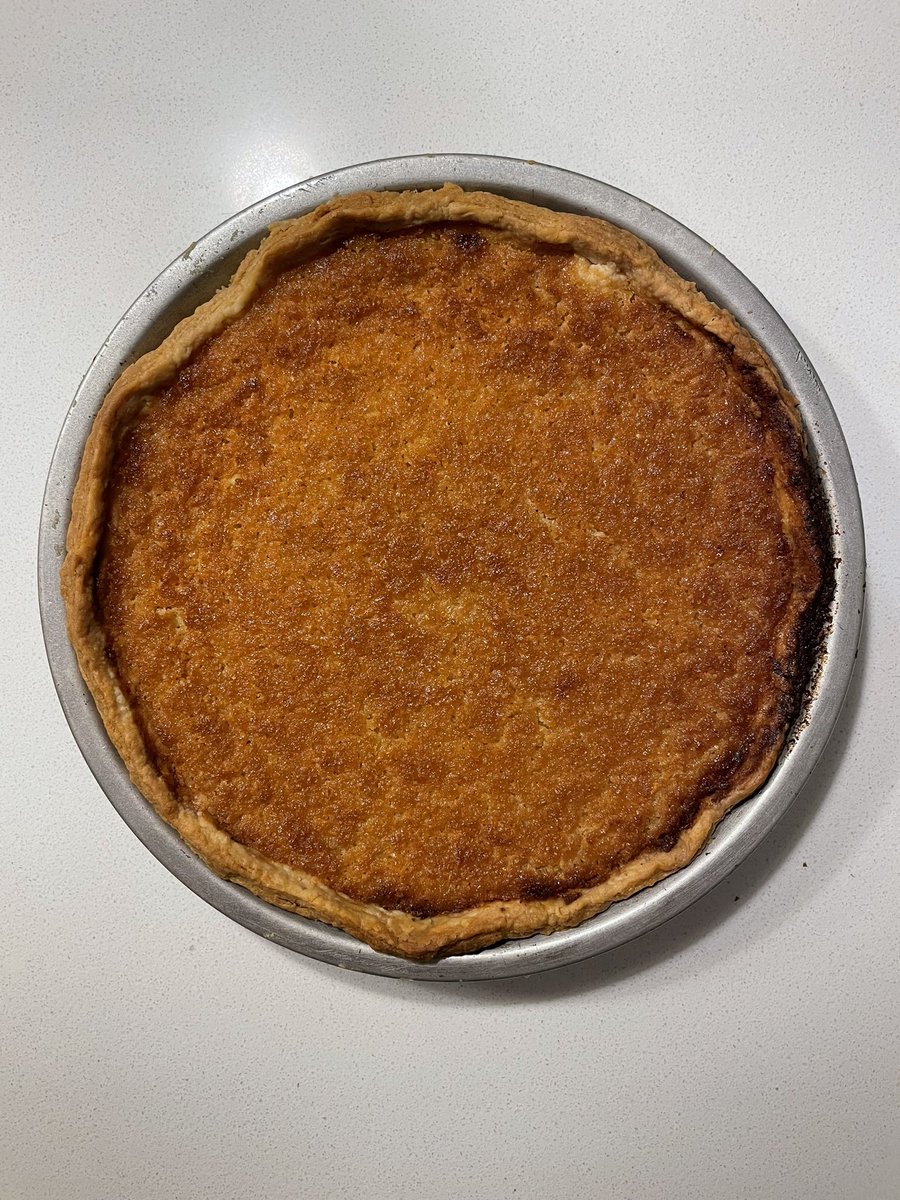 Tonight’s baking experiment was Lemon Chess Pie. Apparently there’s debate over where the name “chess” comes from. Some say the word “chest” or “just” or “cheese” in the name was misheard. Others say that  chestnut meal was used back in the day. Regardless: the pie is delicious.