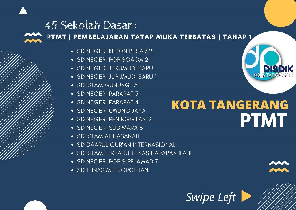 DisdikTangkot's tweet photo. Hai sobat disdik,,,ini 45 Sekolah Dasar yang masuk Tahap 1 sekolah Tatap Muka ya,,

Tetap patuhi protokol kesehatan ya saat di sekolah,,,

@Kota_Tangerang @prokompkotatng https://t.co/k5SNTMEFnv