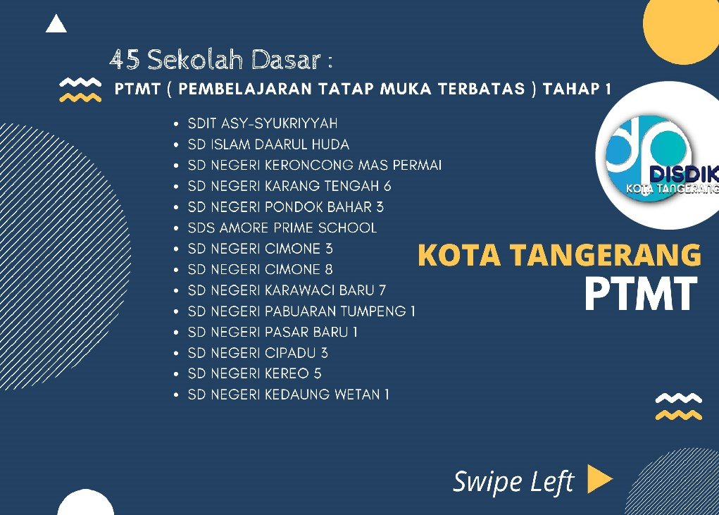 DisdikTangkot's tweet photo. Hai sobat disdik,,,ini 45 Sekolah Dasar yang masuk Tahap 1 sekolah Tatap Muka ya,,

Tetap patuhi protokol kesehatan ya saat di sekolah,,,

@Kota_Tangerang @prokompkotatng https://t.co/k5SNTMEFnv