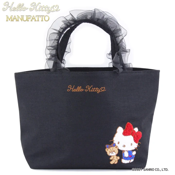 フリフリバッグ ハローキティ BLACK サガラ刺繍ハローキティのサガラ刺繍フリルバッグMANUFATTOオリジナルデザイン。詳しくはコチラ #ハローキティ #hellokitty #トートバッグ  #かわいい #sanrio 