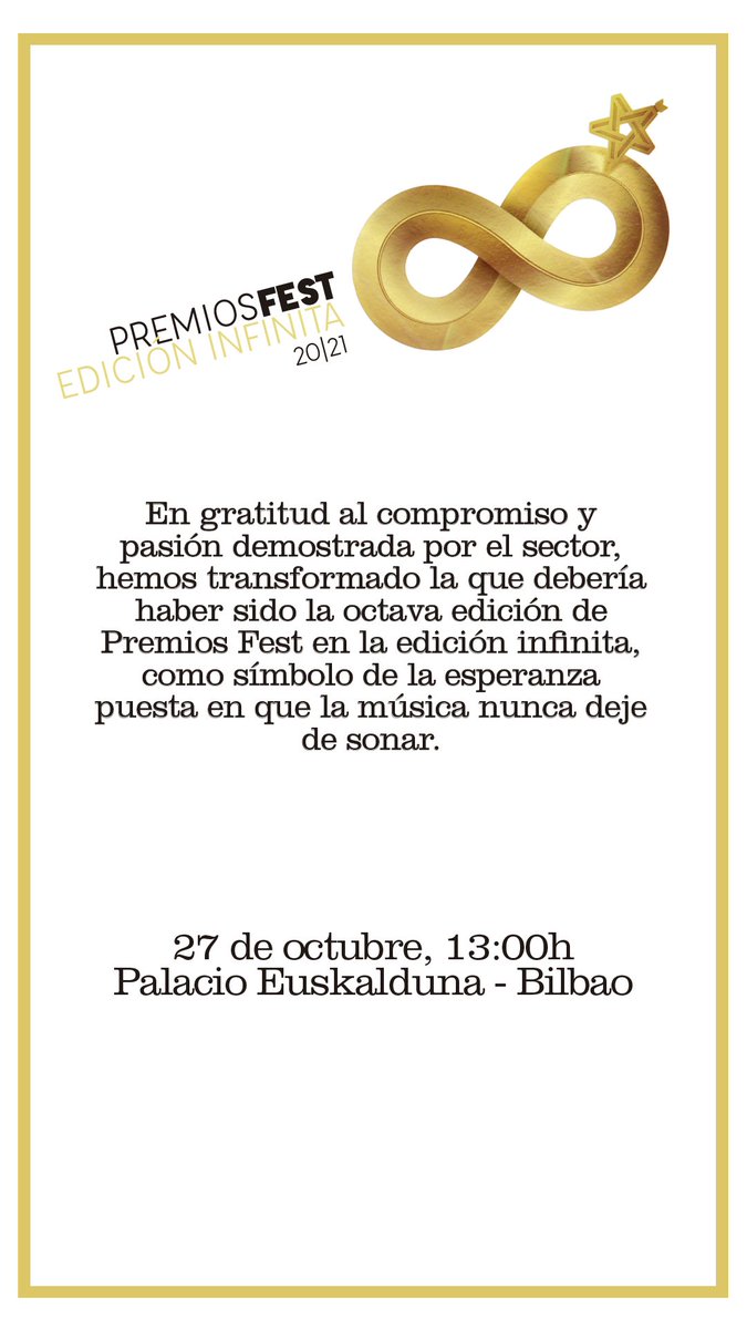 Muy felices de un año más formar parte de los Premios Fest. 
 
Con carácter honorífico, #PremiosFest reunirá y reconocerá a los máximos representantes de la industria del sector de los festivales en España, el próximo 27 de oct en el Palacio Euskalduna #Bilbao

 ¡Allí estaremos!